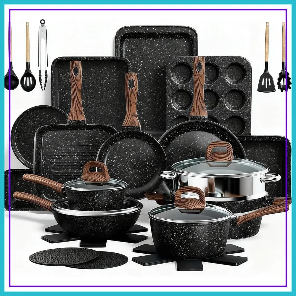 Set di pentole e padelle antiaderenti da 31 pezzi, utensili da cucina e da forno per induzione con padelle, piastra grill, casseruola, teglia e utensili, senza PFOA