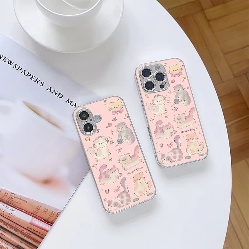 Custodia per telefono in vetro rosa con design gatto, anti-caduta, per iPhone 11/12/13/14/15/16/17 Pro MAX