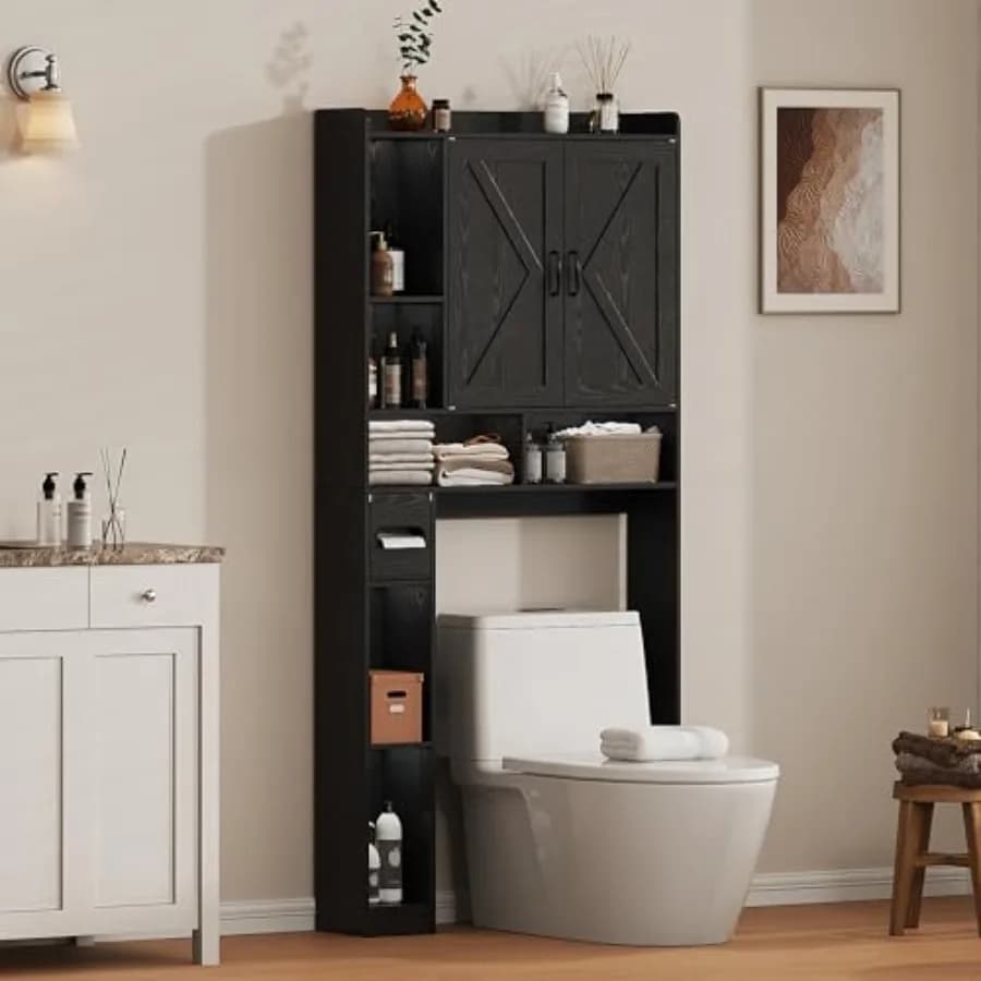 Mobiletto Salvaspazio Sopra il WC 31.1W, Organizzatore Bagno con Doppie Ante, Scaffale Sopra il WC, Porta Carta Igienica Rimovibile per