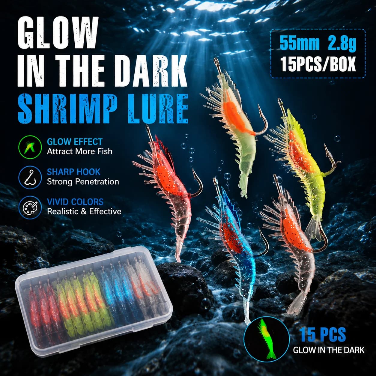 FISHINGFANS 15pcs/box 55mm 3g Shrimp Lures Built-in Hook Fishing Bait Luminous Winter Bionic Fishing Lure