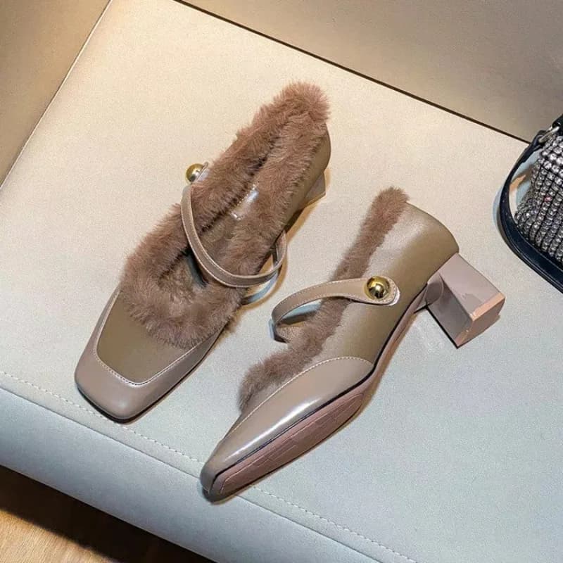 French style shoes with thick heel for women lined in warm fleece 2025 autumn winter trend fashion woman square tip shoes with high heel