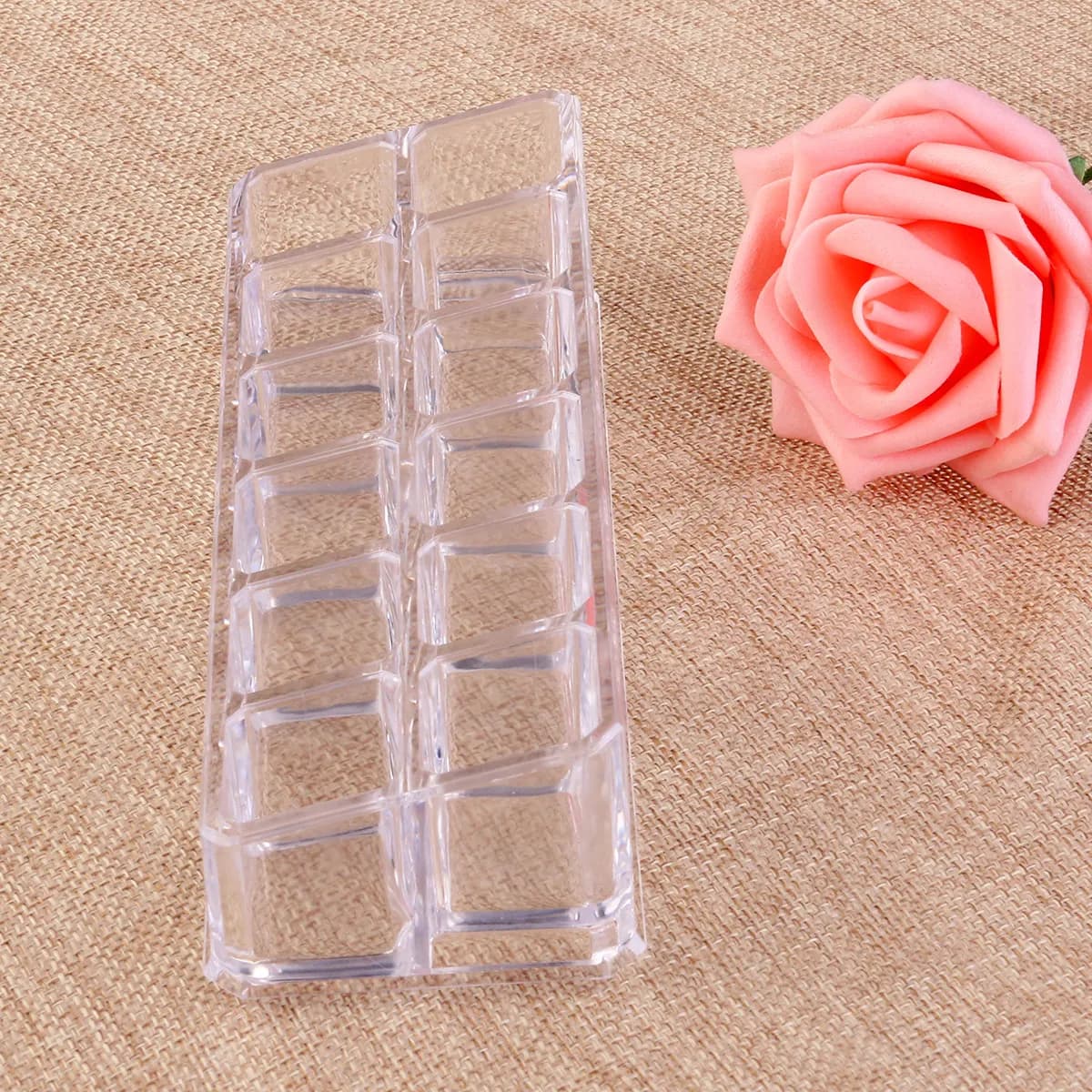 Espositore in Acrilico Trasparente con 12 Scomparti Individuali per Rossetti, Mascara e Strumenti per il Trucco 17x6x45cm Elegante