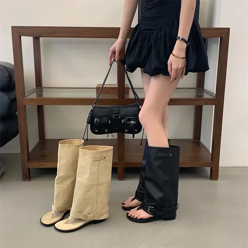 Aneikeh Stivali al ginocchio da donna con punta aperta e fibbia, sandali piatti in pelle, stivaletti a tubo, scarpe estive casual streetwear