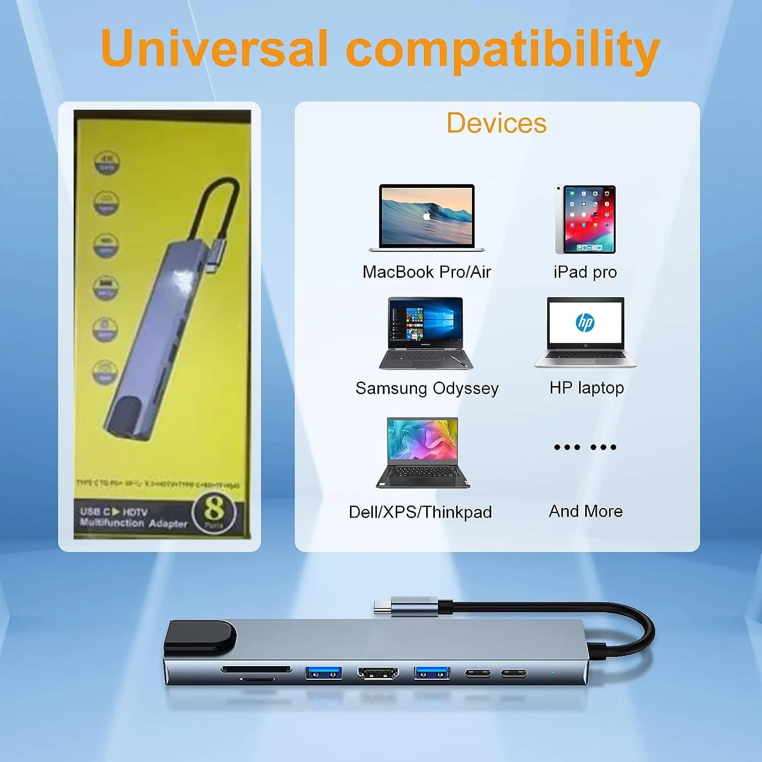 Hub USB C 8 in 1 3.0, splitter Type C, docking station 4K, adattatore per laptop, PD, SD, TF, compatibile con Macbook Air M1, iPad Pro, RJ45, HD.