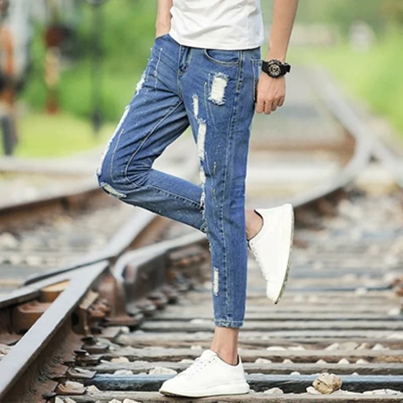 Jeans da Uomo alla Moda con Effetto Schizzi d'Inchiostro, Stile Casual Sottile, Pantaloni in Denim Strappati, Versione Coreana Giovanile, Jeans Estivi in Cotone a Nove Punti