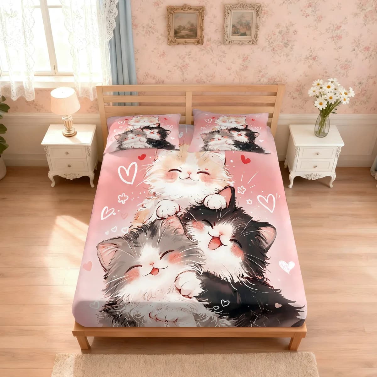 3 Piece Cartoon Printed Canvas Set, Multi Size Bedroom, Sleep Bed Cover Decoration, Washable In Washing Machine