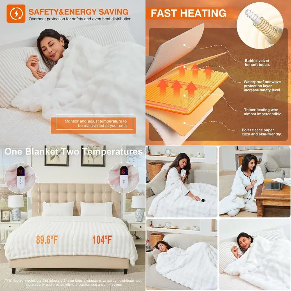 Coperta Elettrica a Bolle in Finta Pelliccia di Coniglio con Doppio Controllo, 6 Impostazioni di Calore, Riscaldamento Rapido, Spegnimento Automatico (90x100, Crema)