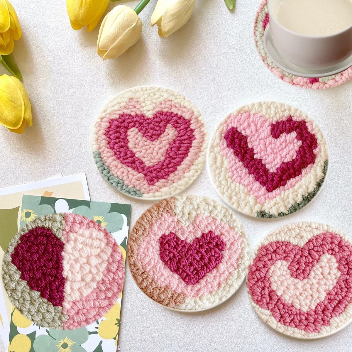 heart-shaped Punch Needle Coasters Set Mug Magic Needle Embroidery Kit Handmade Tufted Rug Mug Skill Embroidery DIY Needle Art