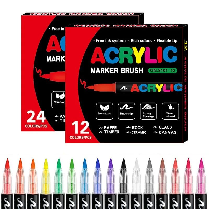 Set di Pennarelli Acrilici a Inchiostro Liquido 12/24 Colori per Tessuti e Pittura su Roccia, Pennarelli Acrilici Multifunzionali MKB01