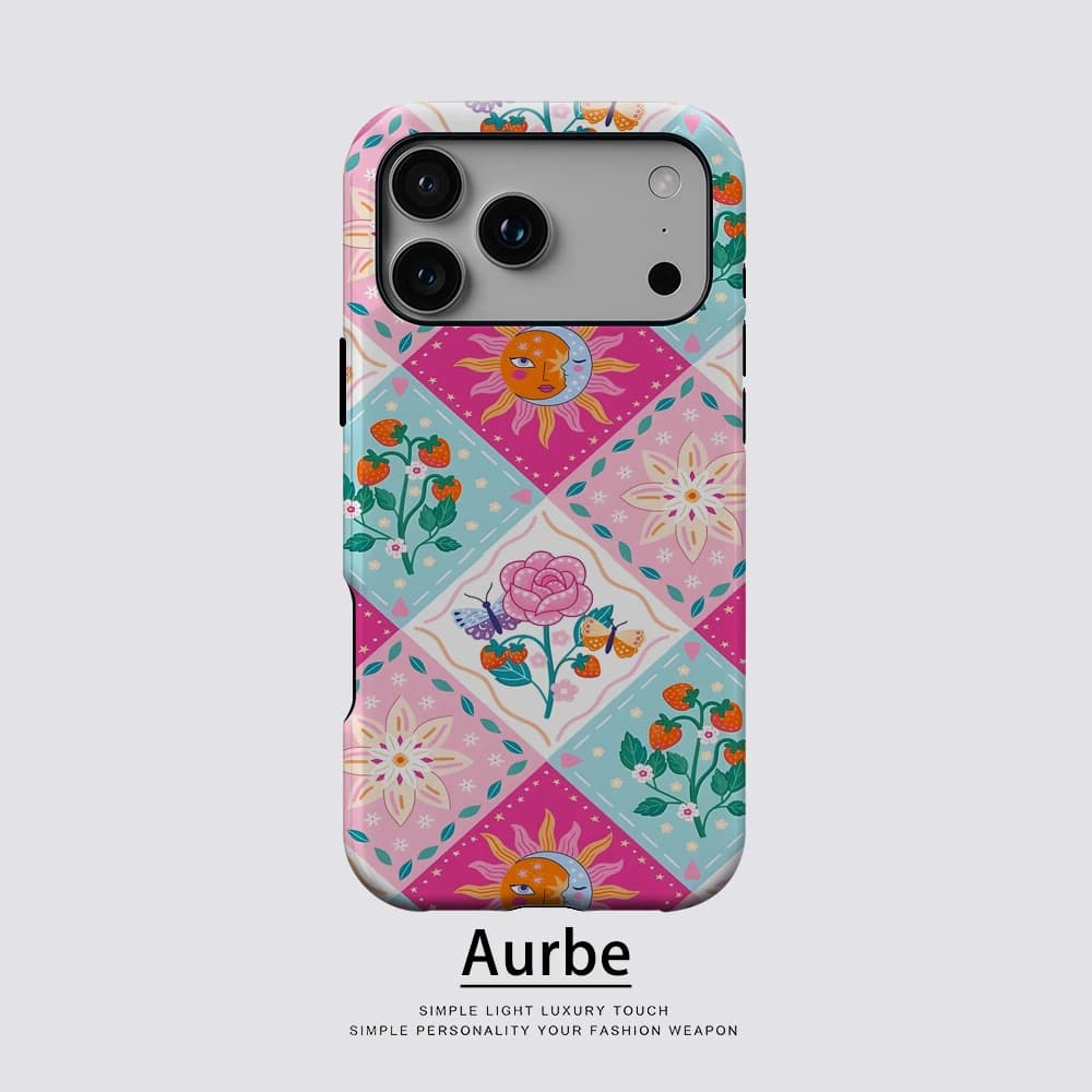 Pink sun strawberry tile For Magnetic Phone Case For IPhone 17 16 15 14 13 Pro Max Plus Single Double-Layer Tough Case