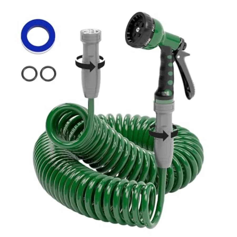 3/8" Lightweight Coil Garden Hose 50 FT, EVA Flexible Curly Water Pipes with 6-Pattern Spray Nozzle for Boat, Greenhouse, Yard,