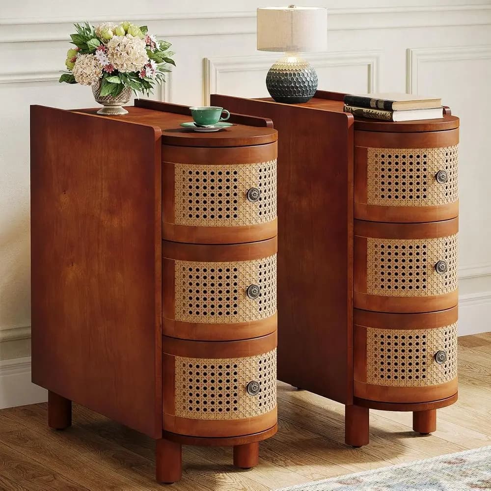 Tavolini in legno massello da 2 pezzi in noce e rovere, tavolino in rattan a 3 cassetti, comodino da soggiorno con maniglie eleganti, pronto per noi