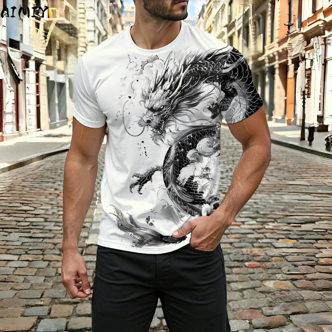 T-shirt da uomo con stampa drago 3D T-shirt da strada da uomo casual quotidiana estiva T-shirt da uomo di moda urbana a maniche corte per sport all'aria aperta