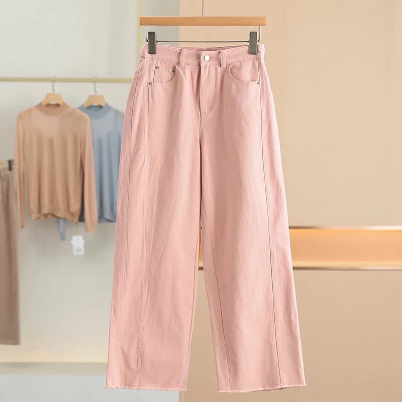 Jeans a Vita Alta e Gamba Larga Xking, Tinta Unita, 100% Cotone, Nuovi Pantaloni Casual Estivi da Donna con Chiusura a Zip