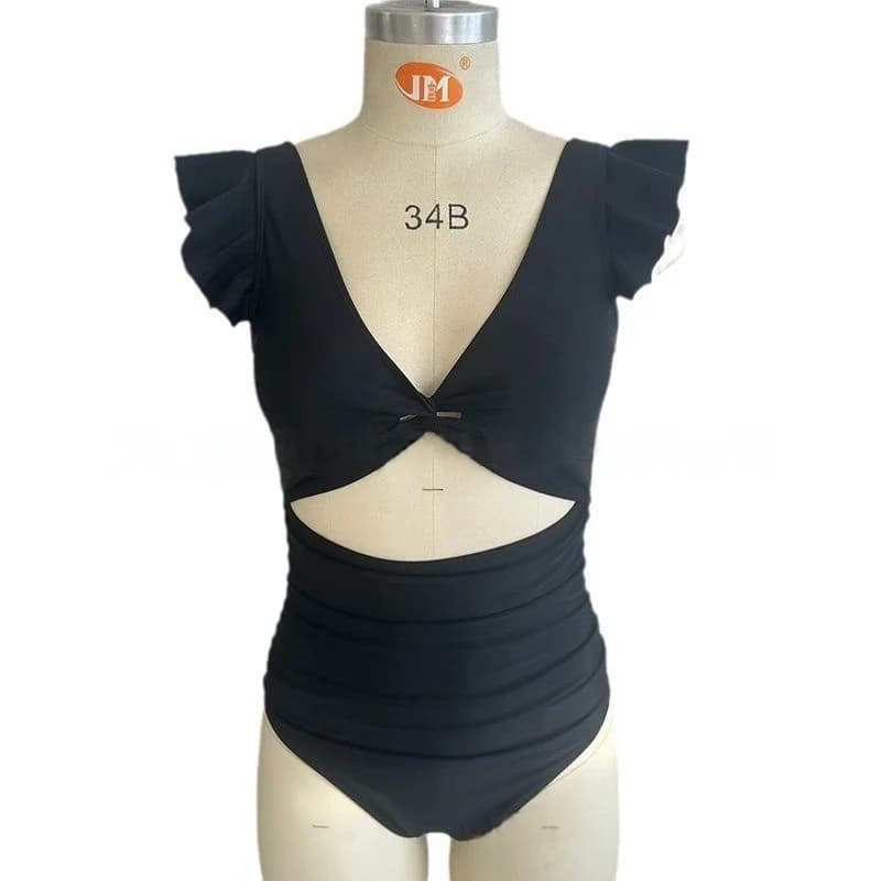 Summer V Neck Mesh One Piece Swimsuit Solid Color Backless Tummy Control High Cut Bathing Suit Women's Swimwear