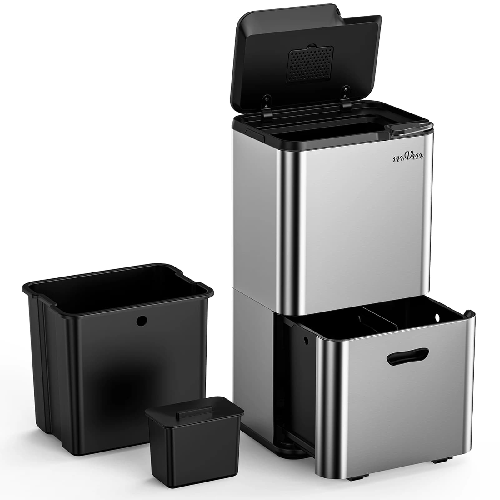 Cestino per Rifiuti in Acciaio Inox mVm 63L (32L+28L+3L) Bidone della Spazzatura da Cucina per Riciclaggio