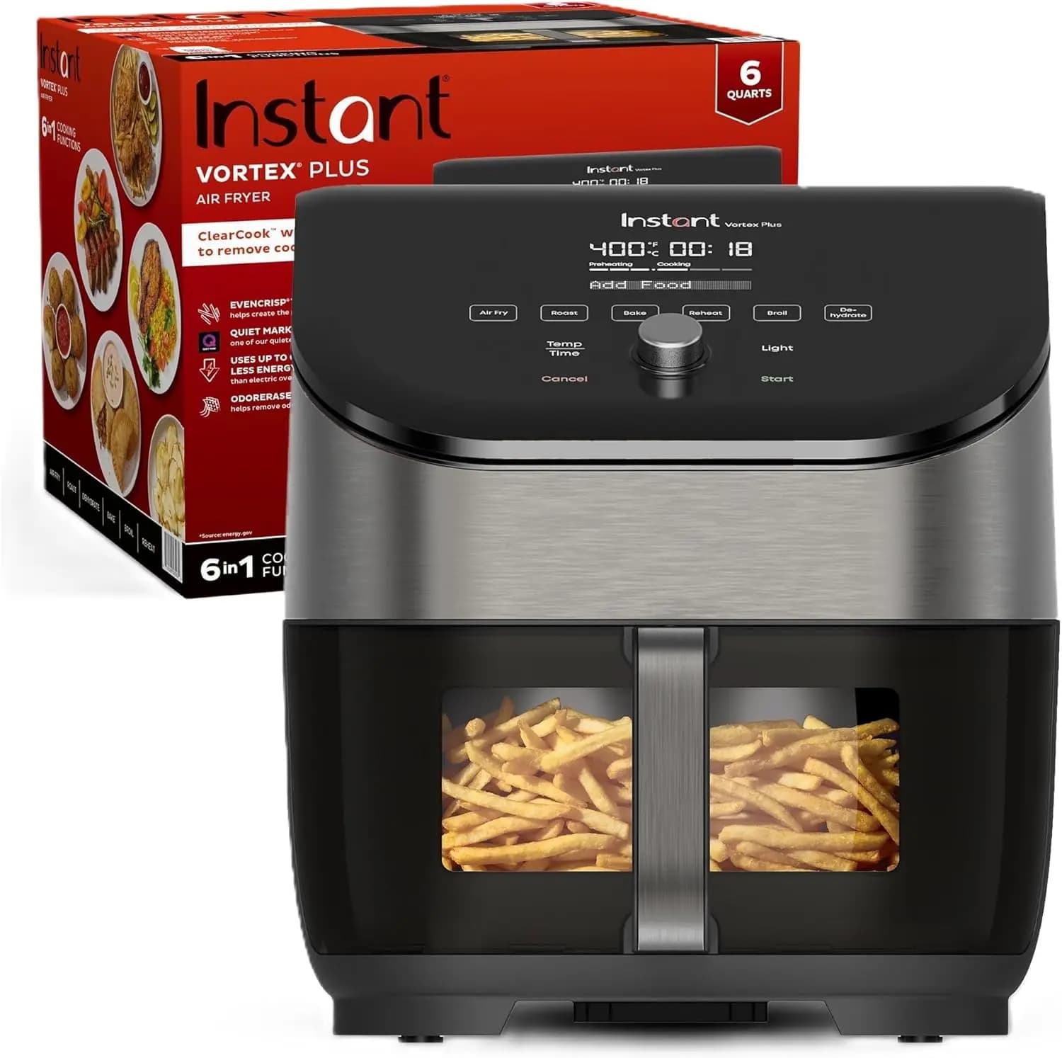 Friggitrice ad Aria 6QT con Eliminazione degli Odori, 6 Funzioni in 1 per Friggere, Arrostire, Cuocere e Altro, 1700W in Nero