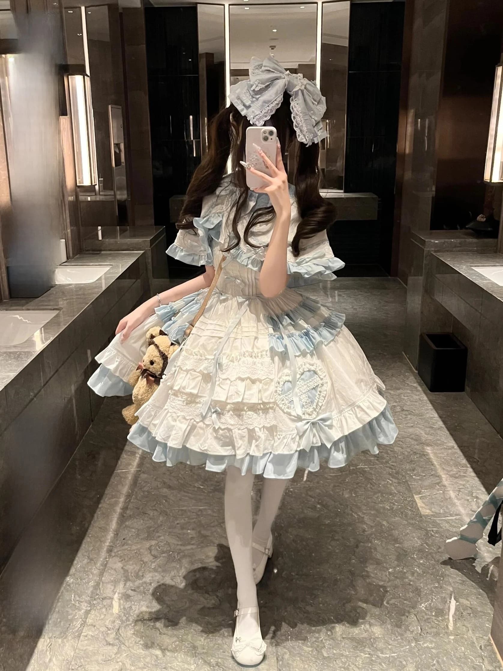 Abito da Principessa Stile Lolita Blu e Bianco con Cuori, Dolce e Carino, con Mantellina, per Compleanno, Elegante, a Vita Alta, Senza Maniche, Collo Tondo