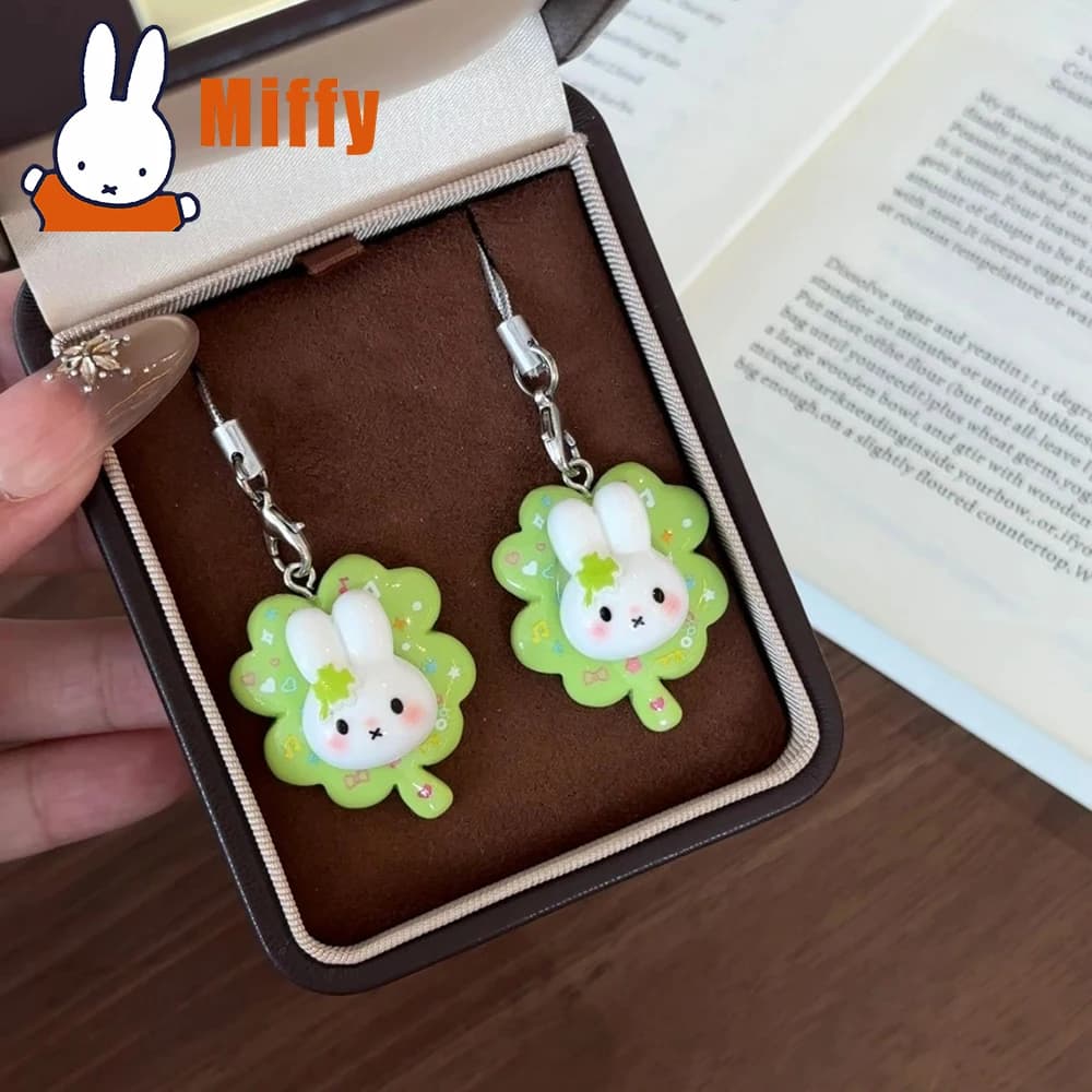 Kawaii Miffy Four Leaf Clover Phone Strap Cute Resin Charm Keychain Pastel Green Glitter Heart Music Note Decorative Girl Gift