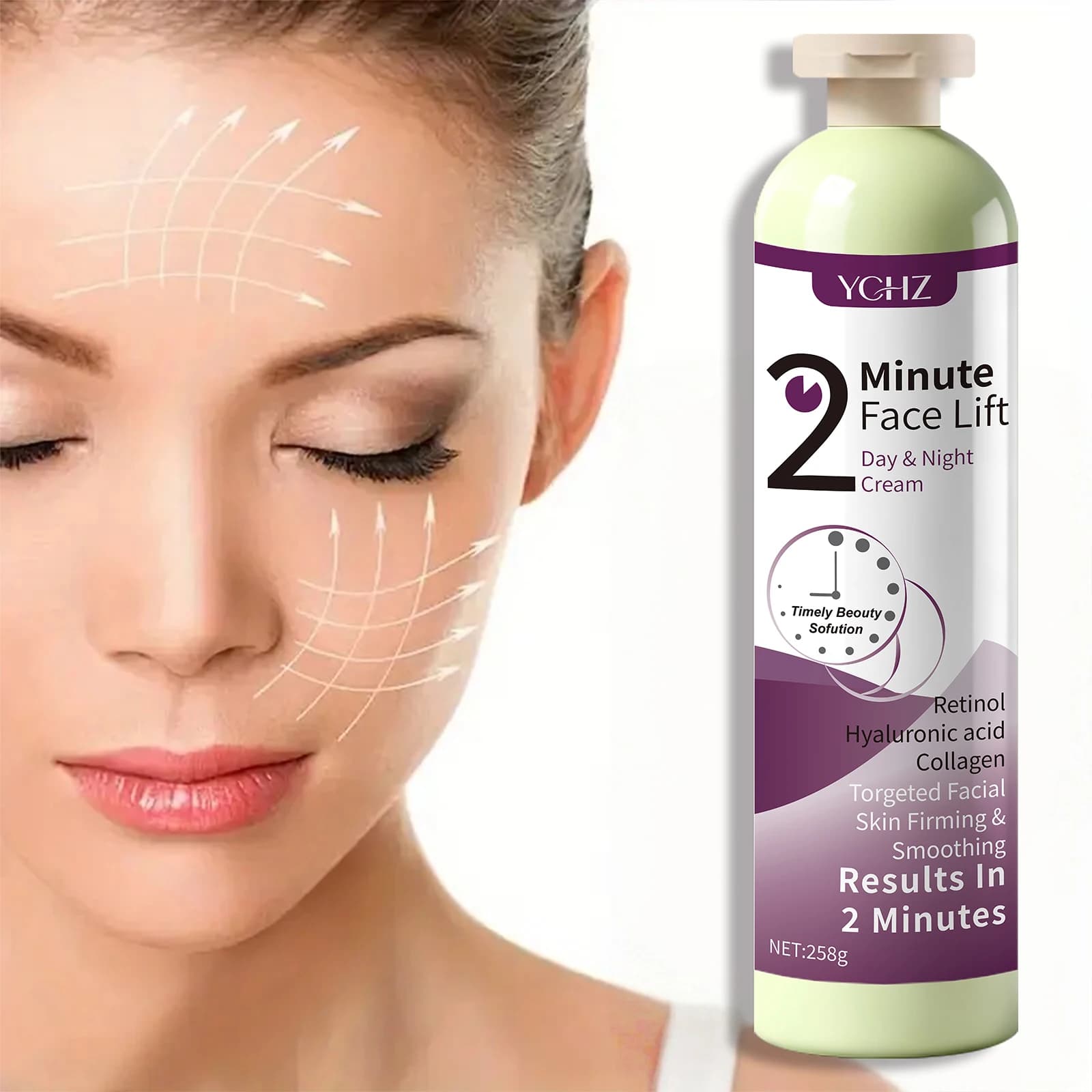 Crema viso lifting giorno e notte in 2 minuti, contiene collagene e niacinamide - Solleva, rassoda e leviga tutti i tipi di pelle chiara, controlla il livello di sebo, 258g