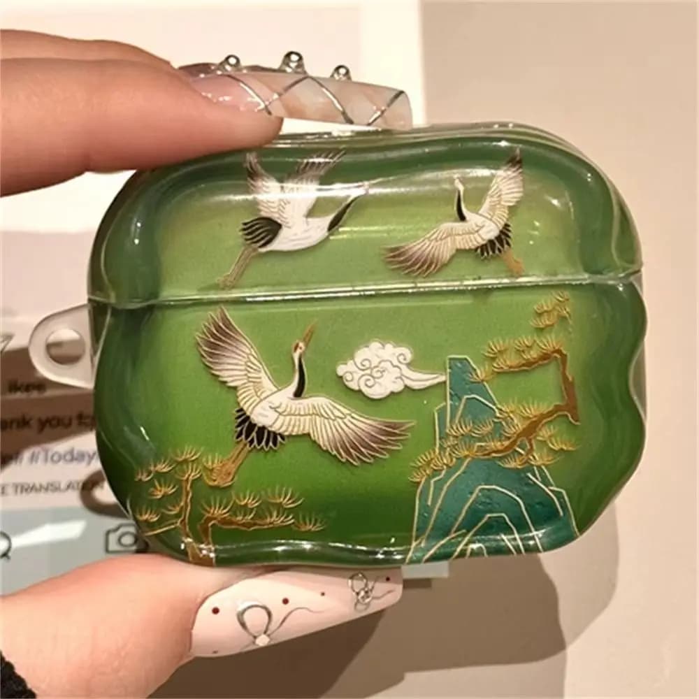 Luxury Cute Tengyun Crane Folding Fan Pendant Headphones Case For AirPods 1 2 3 4 Protective Shell Soft Cover For AirPods Pro 2