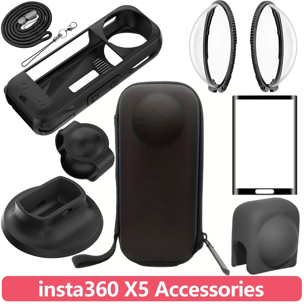 Kit Accessori per Fotocamera d'Azione insta360 X5 360: Protezioni per Lenti, Custodia Protettiva in Silicone, Tappo, Base, Borsa per il Trasporto e Protezione Schermo
