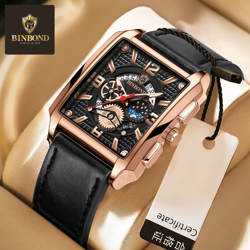 BINBOND 6575 Men Brand Quadrato Hollow Multifunctional Moon Phases Waterproof Calendar Quartz Watches For Men Relojes Para Hombres