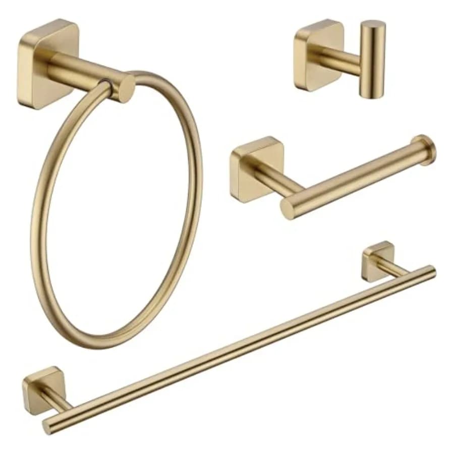 Set di Accessori Bagno in Acciaio Inox Oro Spazzolato, 4 Pezzi: Portasciugamani da 60 cm, Anello Portasciugamani, Porta Carta Igienica, Gancio per Accappatoio