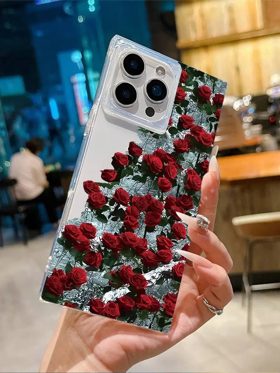 Crystal Red Rose Pattern Clear Phone Case For iPhone 15 14 13 Pro Max Plus