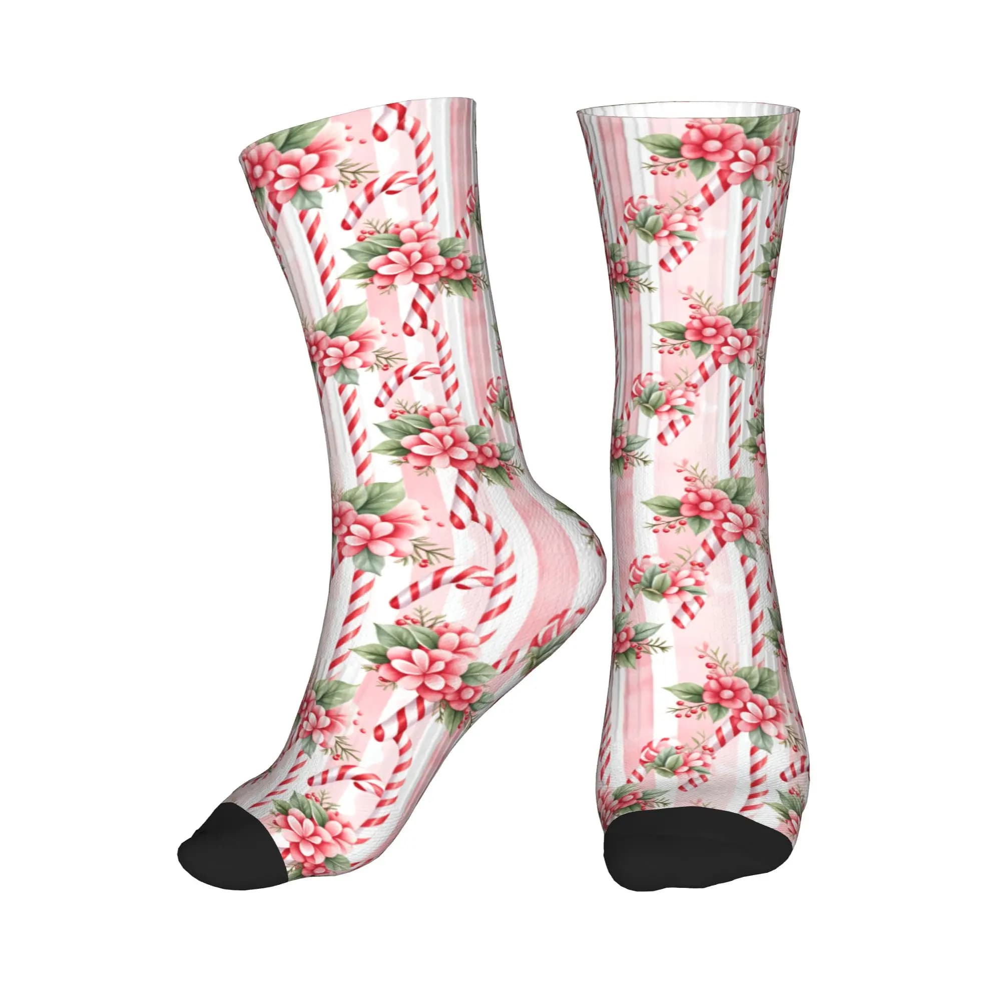 Calzini alla Moda con Stampa Vintage a Motivo Natalizio Bastoncino di Zucchero Rosa per Uomo e Donna, Elasticizzati per Estate, Autunno e Inverno