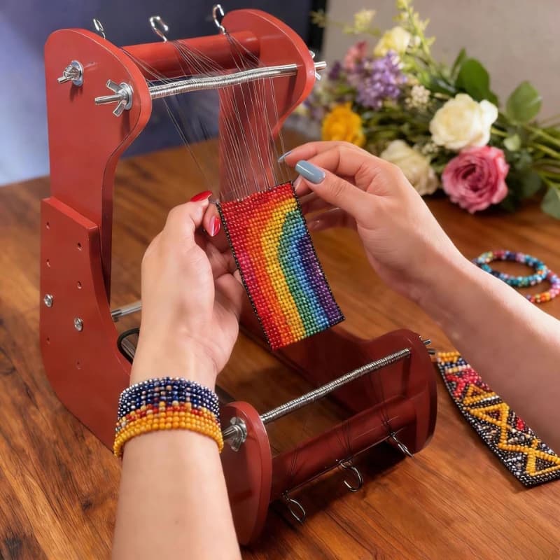 Adjustable Desktop Vertical Bead Weaving Machine, DIY Wood Beading Loom Kit,Includes Threader & Brush, for Jewelry , Crafts