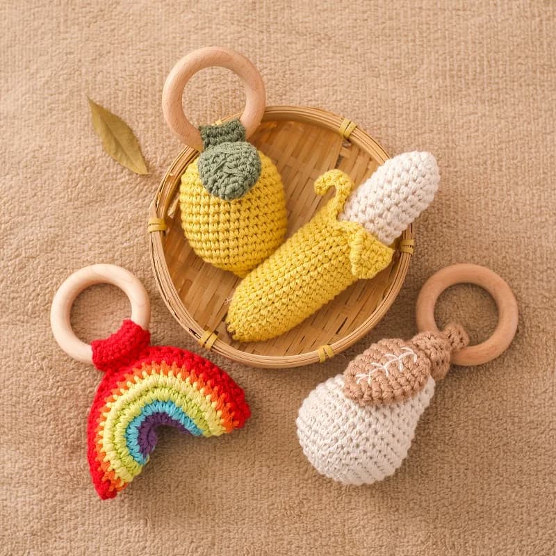 Sonaglio all'uncinetto per bambini Anello in legno Pendenti con frutta Massaggiagengive Giocattoli Gioco per bambini Giocattoli da palestra Accessori per rack fitness Giocattoli Montessori per bambini