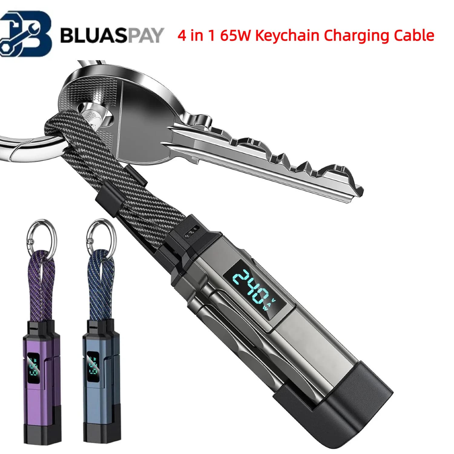 65W 4 in 1 USB C Keychain Cable with V/A/W Display Type C for Apple iPhone iPad Samsung Laptop Portable Cord