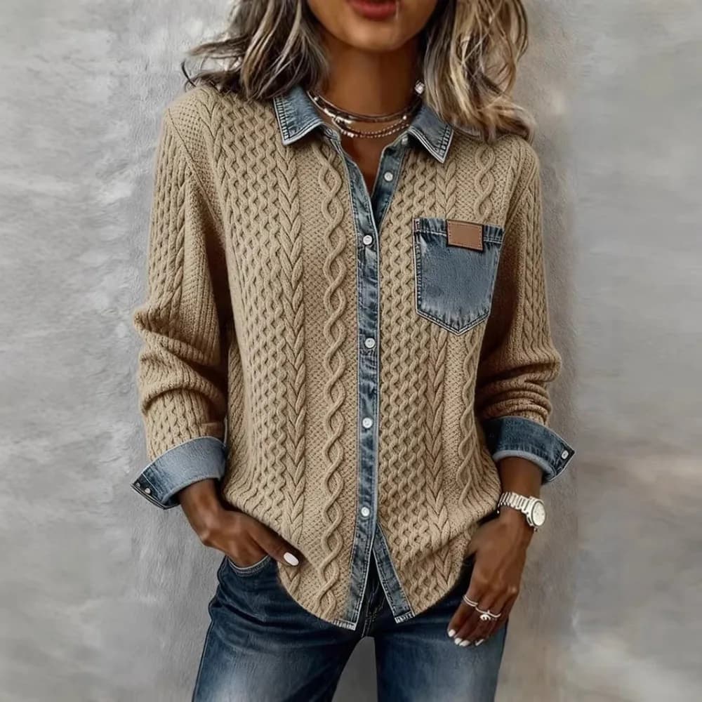 Camicia in Denim Lavorata a Maglia per Donna, Giacca Vintage con Colletto Rovesciato, Bottoni, Tasche, Lavata, Top da Ufficio 2025
