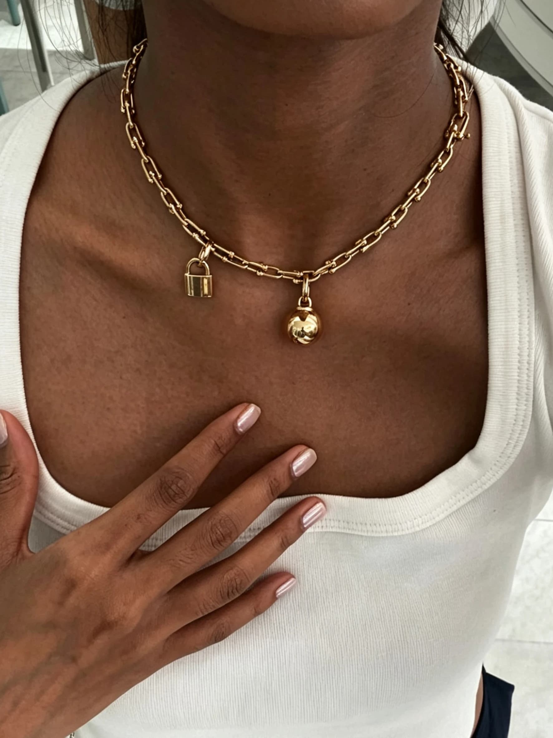 2pcs European and American style personalized trendy chain necklace ball lock design avant-garde fashion 18k gold jewelry set