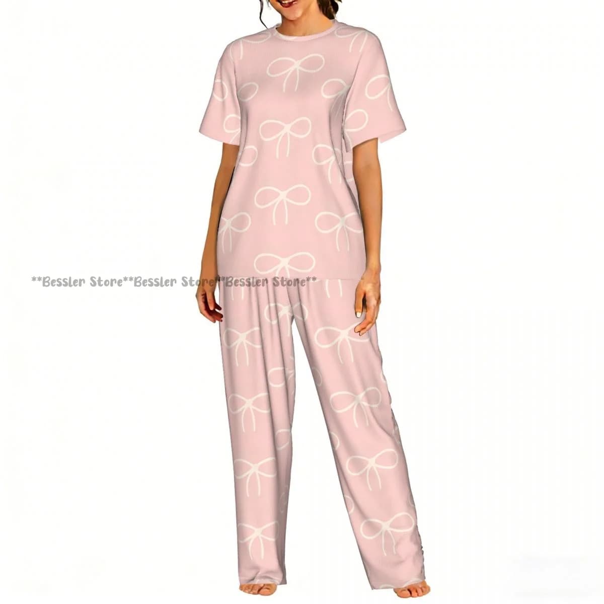 Women's set in 2 pieces, pretty pink tones with bows, pajamas with short sleeve top and trousers.
