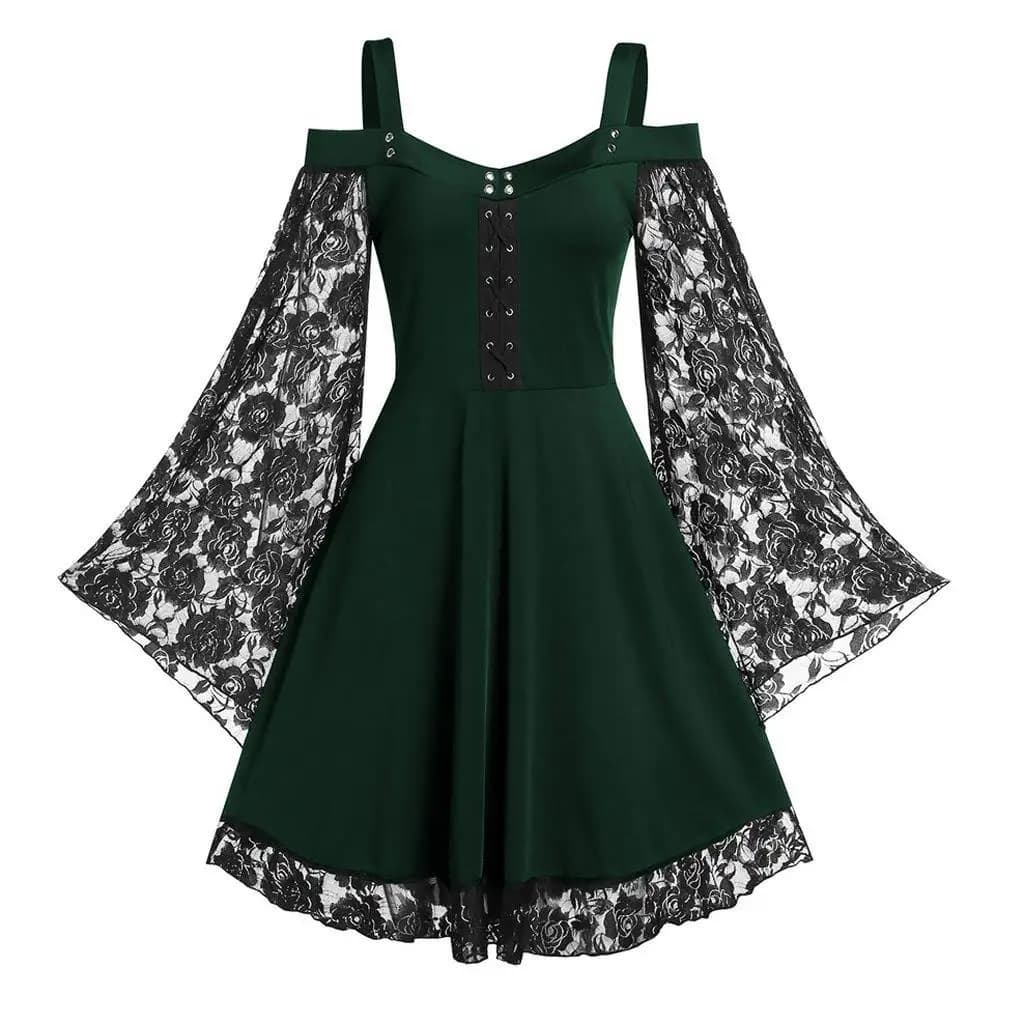 Single shoulder dress with lace patchwork, bell sleeves, ethnic style, long sleeves, boat neck, teen skirt