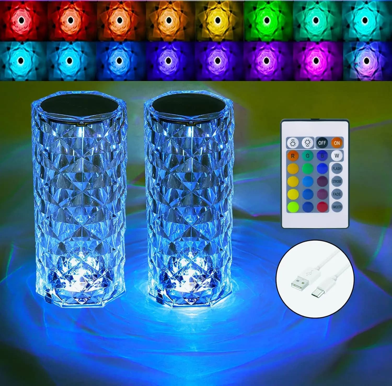 Lampada da tavolo RGB Rose Diamond Touch (confezione da 2) Luce notturna che cambia colore per camera da letto, soggiorno, decorazioni per feste con telecomando