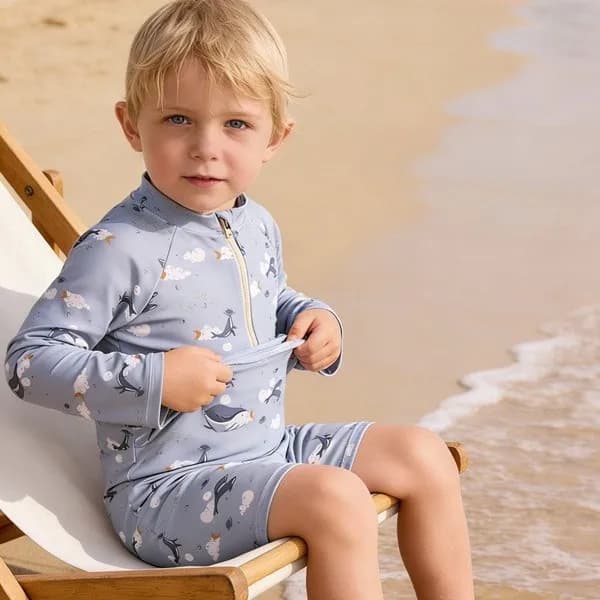 Summer Boys One-piece Swimsuit Kids Long Sleeve Cute Cartoon Animal Print Sun-protective Quick-Dry Swimwear Baby Bathing Costume
