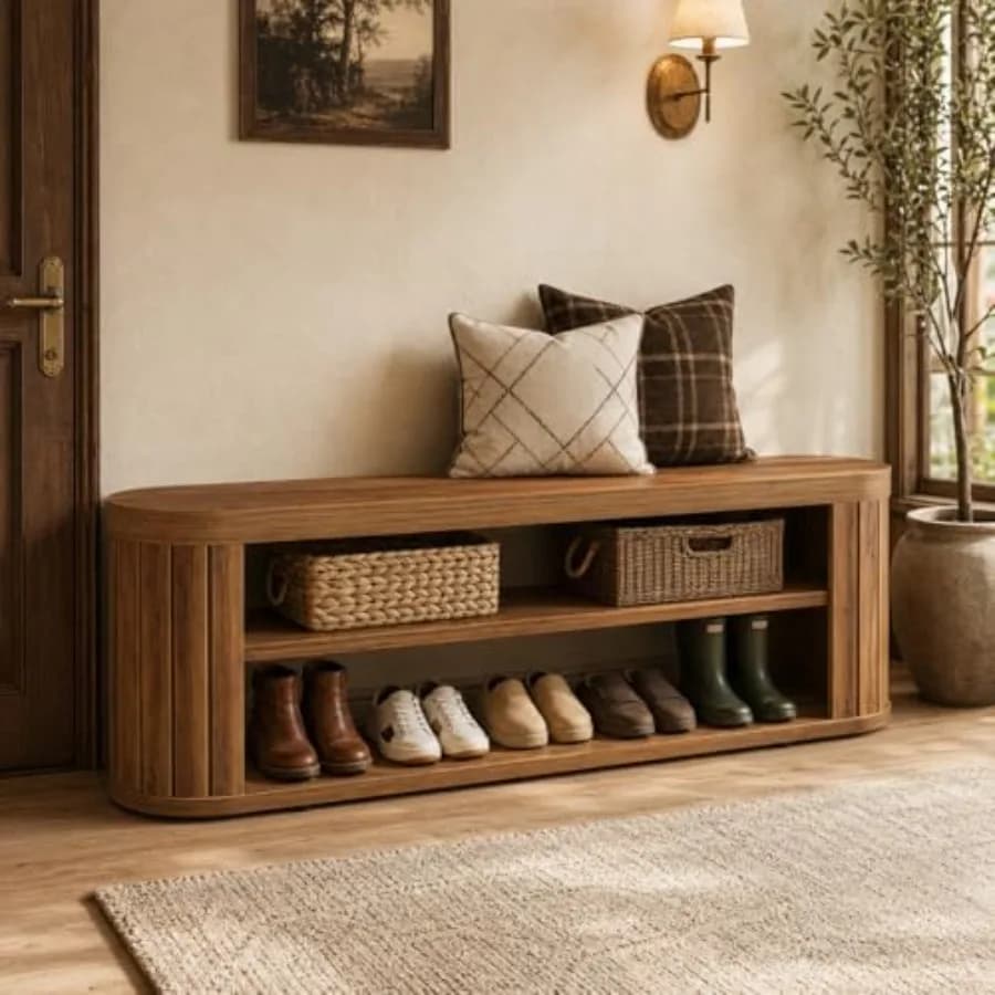 Entryway bench for home use, engineered wood in walnut brown, 3-tier design with concealed shoe storage and smooth matte finish