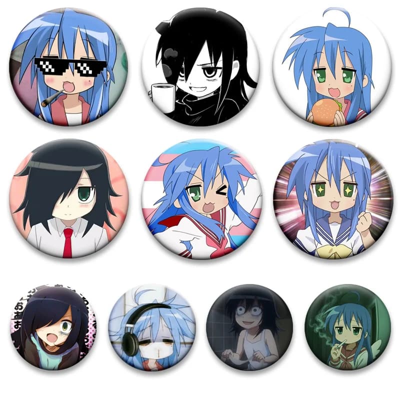 Spille/Spille da borsa Izumi Konata da 32/58mm, simpatici distintivi rotondi con ragazze dei cartoni animati, spille anime Kuroki Tomoko per zaini, accessori e regali