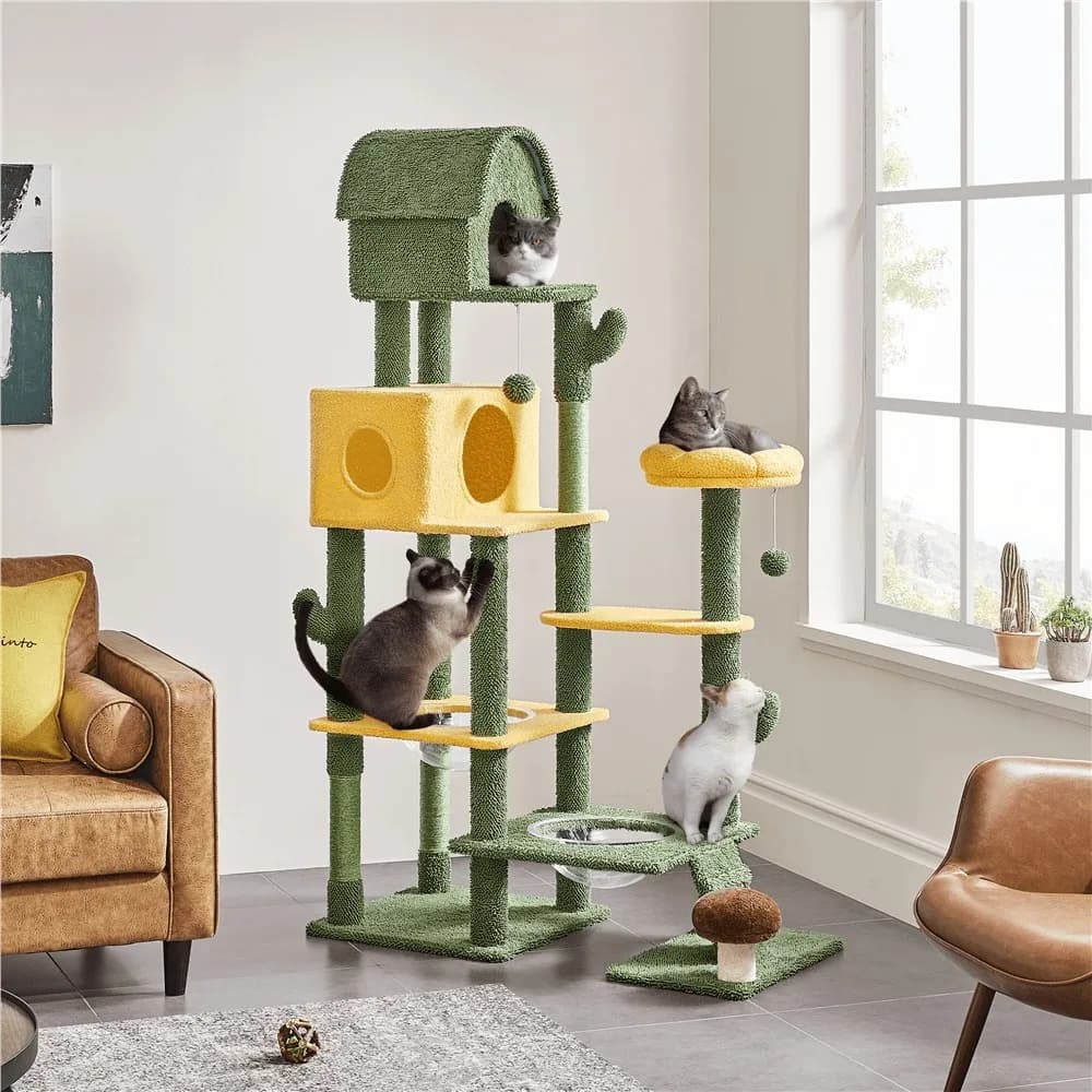Albero per gatti a tema Oasis da 68,5″ con 3 posizioni, 2 cucce, giocattoli e tiragraffi per gatti di taglia grande