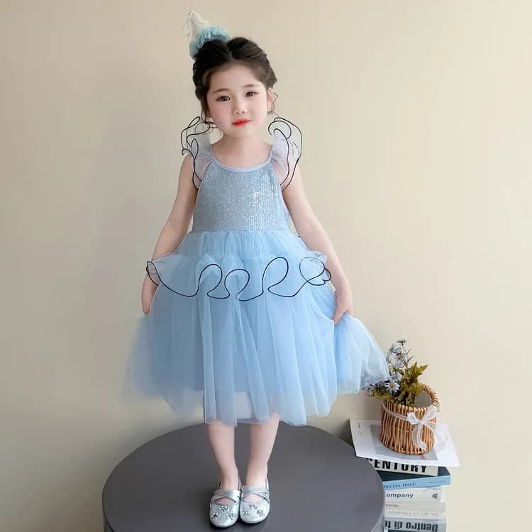 Summer New 2026 Girls Dress Fairy Tale Princess Style Mesh Skirt Sweet Style Knee-Length One-Piece Strapless Gown for Kids