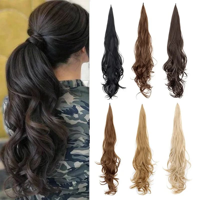 Estensione dei capelli sintetici lunghi ondulati ricci coda di cavallo flessibile avvolgente attorno al parrucchino biondo nero per le donne