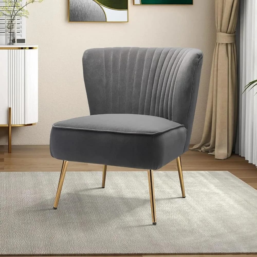 Poltrona in Velluto, Sedia Laterale Moderna Imbottita con Gambe in Metallo Dorato, Poltrona Senza Braccioli Stile Wingback Comoda, Personalizzabile