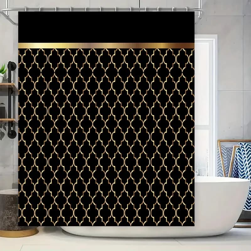 Tenda da doccia con motivo dorato Set tappetino da bagno nero per la decorazione domestica in bagni Tessuto impermeabile con foro tascabile per asta Installazione semplice