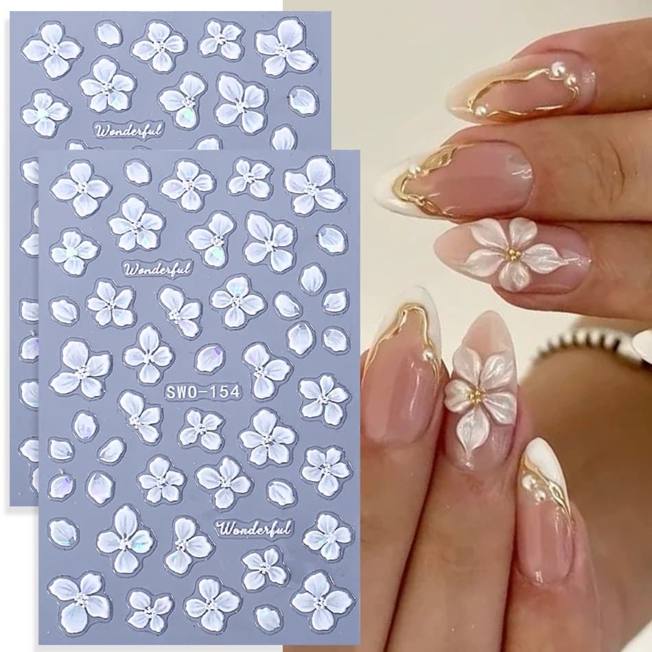 2 pezzi di fiori eleganti adesivi per unghie in rilievo conchiglia petali bianchi chiari decalcomanie autoadesive fai da te matrimonio sposa fata manicure decor