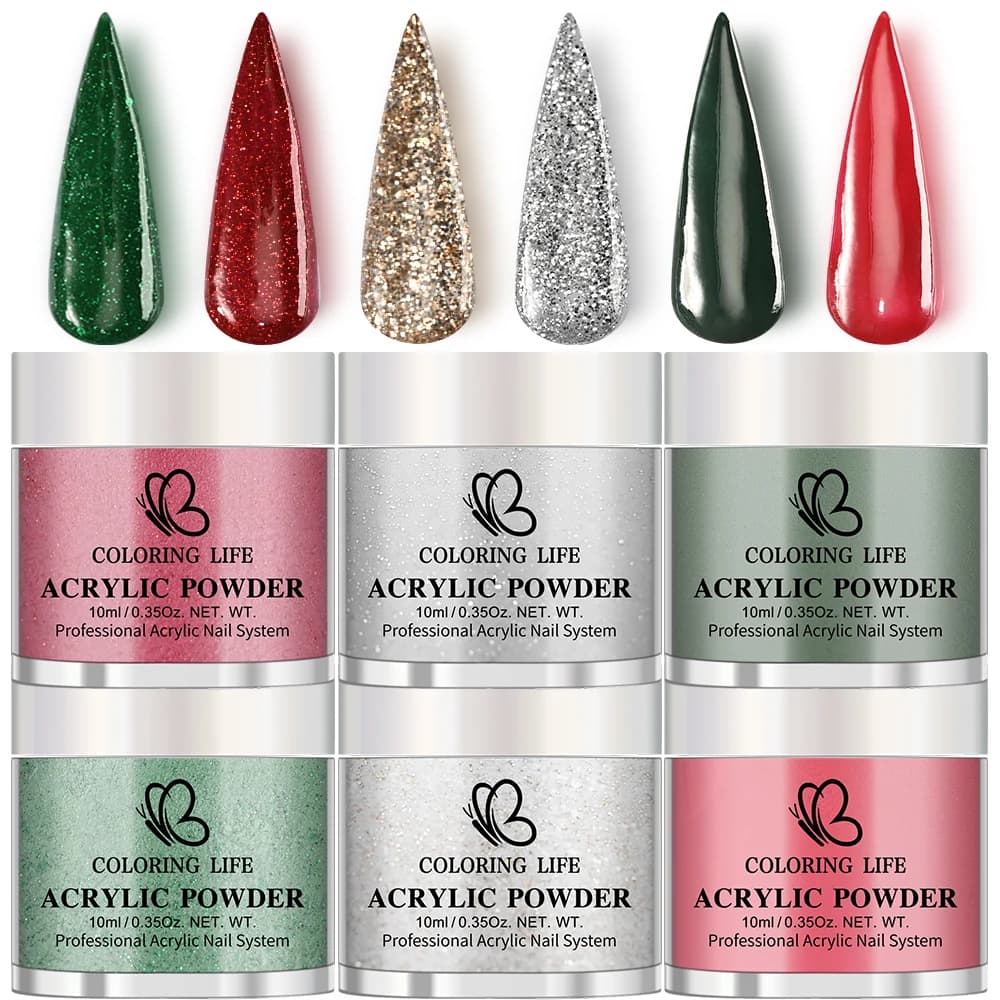 6 pezzi di sistema per manicure per immersione in acrilico Kit per unghie in polvere per immersione natalizia con colori festivi rosso/verde/oro/argento Strumenti per unghie francesi *