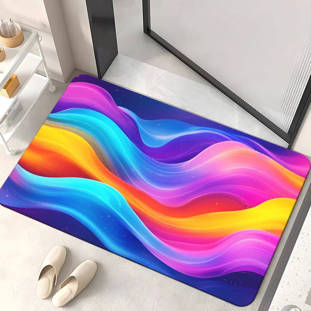 Bathroom Mat Colored in Waves - Microfiber Anti-slip Mat for Bedroom and Yoga - Absorbent Mat Washable for Living and Camping