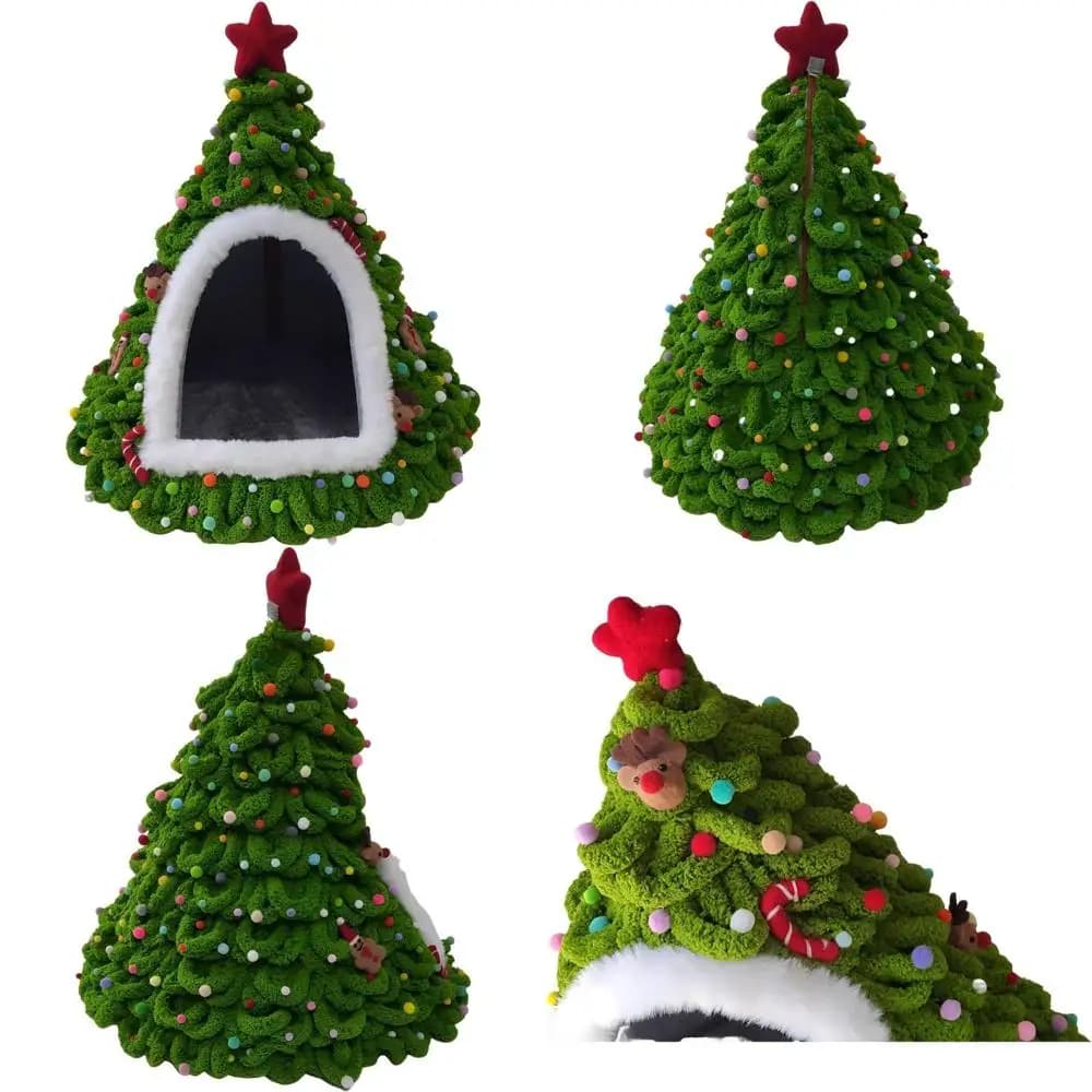 "Casa per gatti con albero di Natale in feltro realizzata a mano, adorabile letto per gatti per le vacanze, grotta per animali domestici, nido per gattini, nascondiglio accogliente, calde tende per gatti